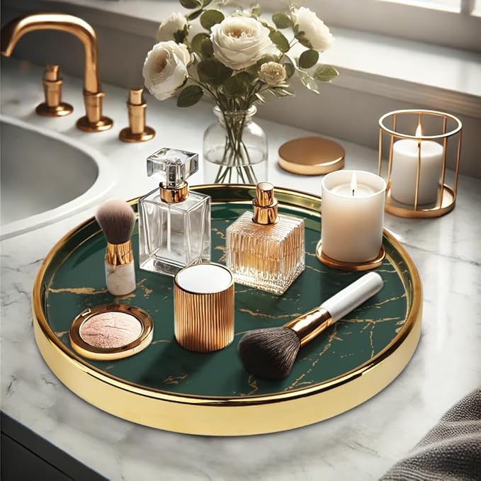 Makeup Perfume Organizer Round Bathroom Vanity Tray Decorative Dresser Tray Countertop Organizer Tray for Cosmetics,Green