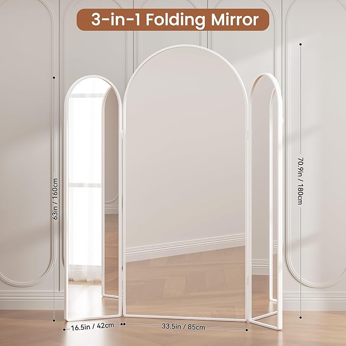 3 Way Arched Full Length Mirror Free Standing, 71"x 67" Large Modern Trifold Mirror, 3-in-1 Detachable Panel Tempered Glass & Metal Frame, for Dressing Room, Bridal Shop, Clothing Store (White)