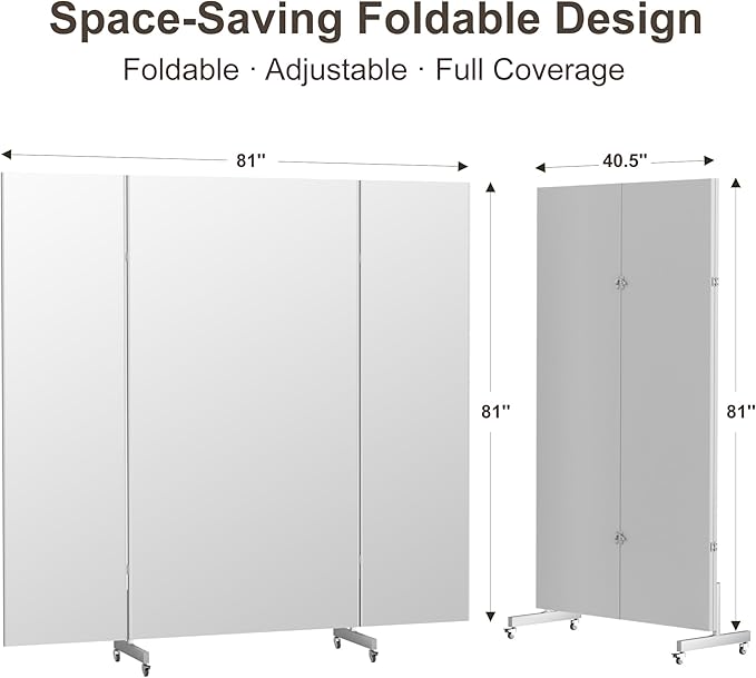 Brisafe 81" x 81" Extra Large Full Length Tri-Fold Mirror on Wheels, Stand Up Movable Floor Mirror with Stand, 3-Way Folding Standing Mirror for Gym, Dance Studio, Fitness Room & Home, Silver