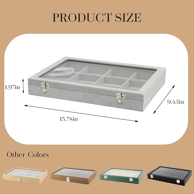 KOOAAICCHI Jewelry Organizer Bracelet Organizer Storage Box 12 Grid Stackable Jewelry Tray with Lid Velvet Jewelry Box Case Organizer for Home Drawer Desk or Store Selling Show(Velvet Grey)