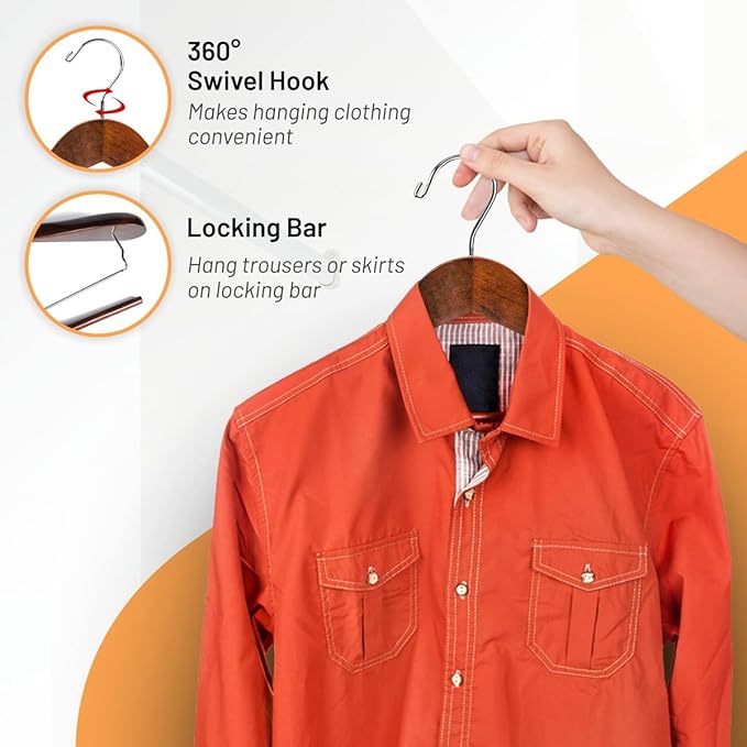 Wide Shoulder Wooden Suit Hangers with Non-Slip Pants Bar & 360° Swivel Hook - Smooth Finish Coat Hangers for Men and Women - Heavy Duty Clothes Hanger – Pack of 6