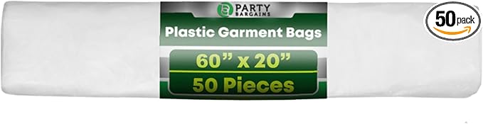 PARTY BARGAINS 60 x 20 Inch Disposable Clear Garment Bags, 50 Pack – Heavy-Duty Plastic Clothes Covers for Suits Dresses Coats, Closet & Travel