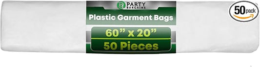 PARTY BARGAINS 60 x 20 Inch Disposable Clear Garment Bags, 50 Pack – Heavy-Duty Plastic Clothes Covers for Suits Dresses Coats, Closet & Travel