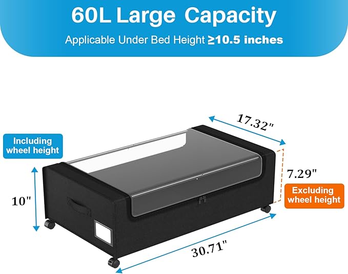 Under Bed Shoe Storage Organizer, 10 Inch Rolling Underbed Drawers for Clothes, Blankets, Winter Clothing & Shoes - Metal Frame Storage Bins with Handles, Dual Zippers, Clear Window 2 Pack Black