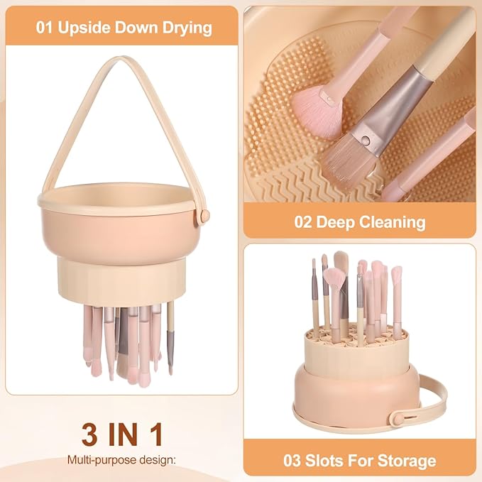 Multifunctional Silicone Makeup Brush Cleaning Bowl with Drying Holder - 3 in 1 Portable Cosmetic Brush Washing Tool and Sponge Cleaner for Efficient Maintenance