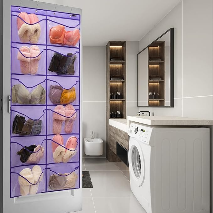 Extra Large Pocket Shoe Organizer - Hanging Shoe Rack with 12 Clear Pockets (Purple)