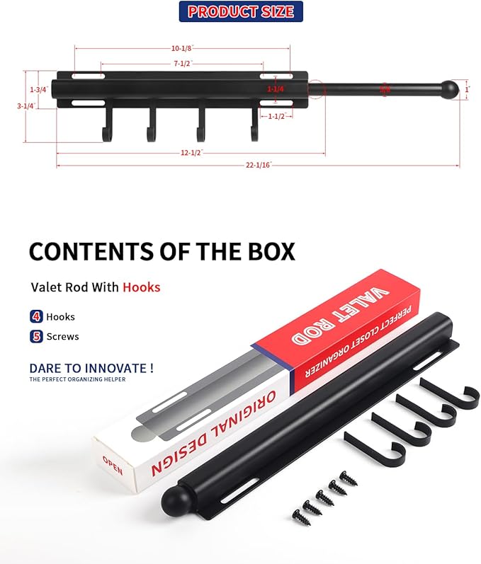 12 inch Valet Rod for Closets Pull Out Closet Valet Rod Slide Out Black Pull Out Clothes Hanger With 4 Hooks
