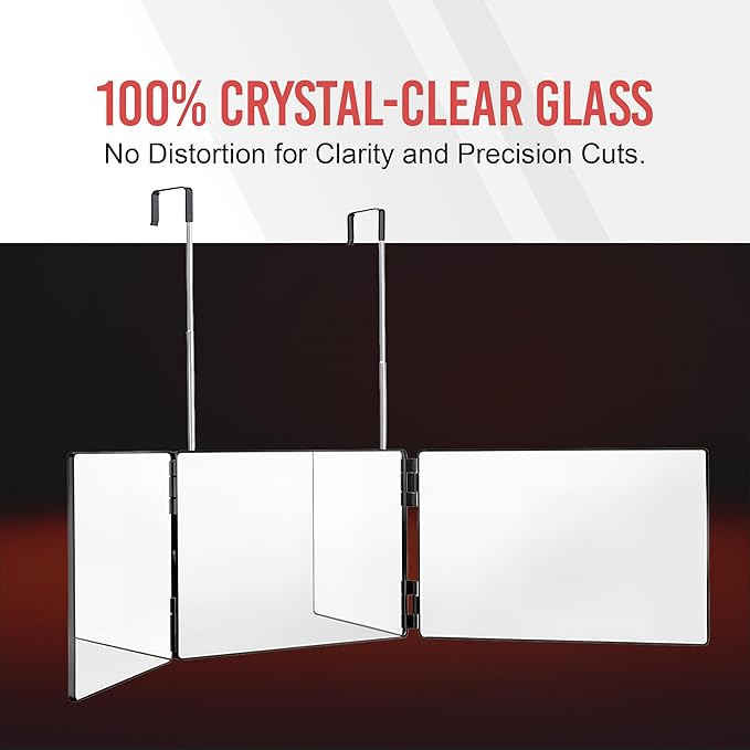 Self-Cut System 3 Way Barber Mirror with Height Adjustable Hooks, 360 Trifold Self Cut Mirror for Haircuts for Men and Women, Travel-Friendly, Three-Way Design for Easy Grooming & Styling