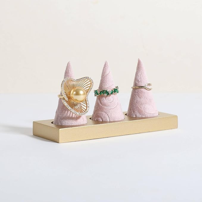 GemeShou pink jewelry ring display holder for selling, velvet ring cone display stand, cute cone shaped ring holder with golden coated base,Small jewelry ring storage organizer【Ring holder-pink】