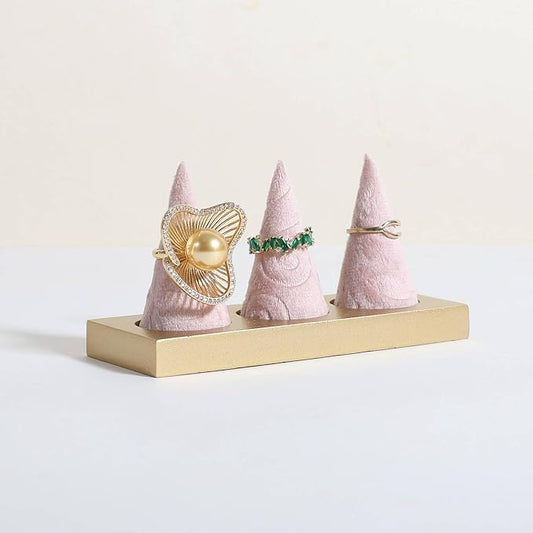 GemeShou pink jewelry ring display holder for selling, velvet ring cone display stand, cute cone shaped ring holder with golden coated base,Small jewelry ring storage organizer【Ring holder-pink】