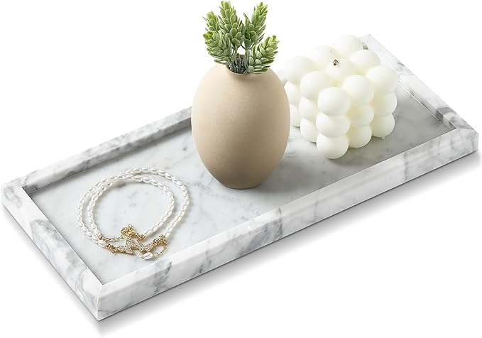 Luxury Natural Small Marble Tray for Bathroom Vanity and Kitchen Sink, Stone Countertop Organizer for Soap Dispenser, Jewelry, Perfume, Candle, Ring, Home Decor, Non-Resin Non-Ceramic