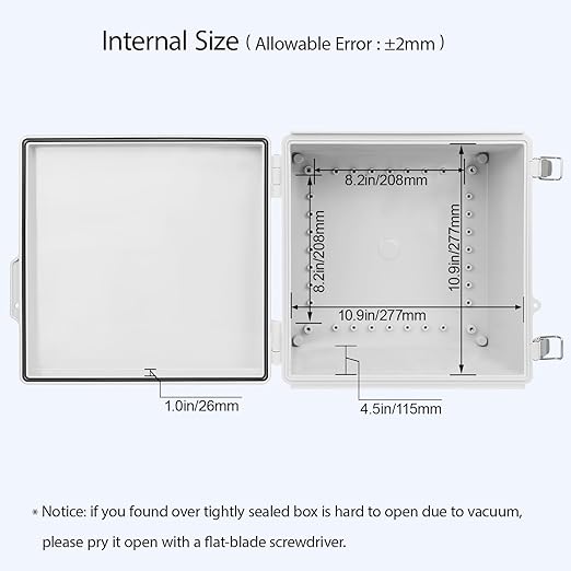 LeMotech Electrical Box, IP67 Waterproof Hinged Cover Stainless Steel Latch Junction Box, ABS Plastic Electrical Enclosure with Mounting Plate,Wall Brackets, Cable Glands, 11.8"x11.8"x7.1", Grey