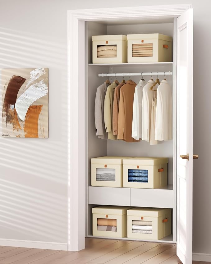 Storage Bins with Lid – Closet Organizer with Side Opening and Clear Window, Foldable Stackable Fabric Basket for Clothes, Home, Office - 13.77" x 11.8" x 9.8", 5 Pack, Beige