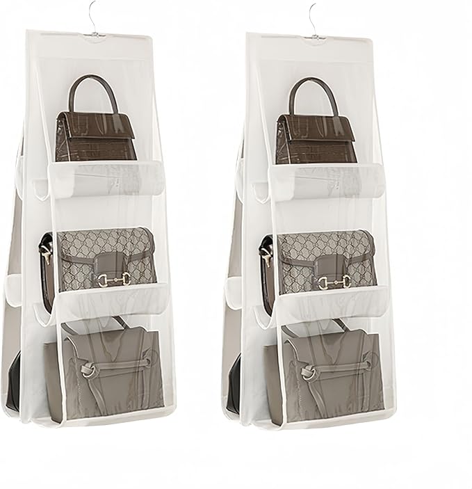 HAN SHENG 6 Pockets Clear Handbag & Purse Organizer Hanging Bag Storage - Space Saving Hanging Shelf for Closet, Wardrobe, Over Door (2 Pack, White)
