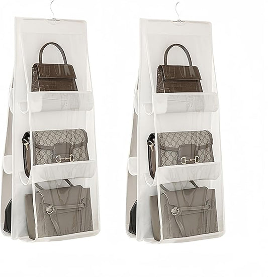 HAN SHENG 6 Pockets Clear Handbag & Purse Organizer Hanging Bag Storage - Space Saving Hanging Shelf for Closet, Wardrobe, Over Door (2 Pack, White)