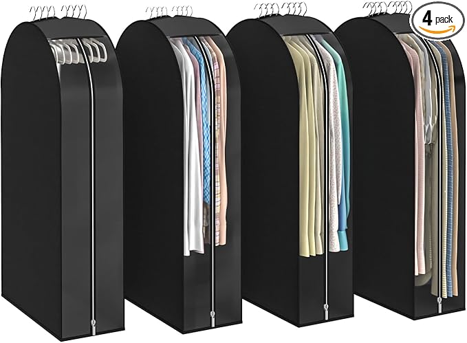 Black Garment Bags for Hanging Clothes 4 Packs, 10“ Gusseted and 32" Clothes Protectors for Hanging Clothes for Closet, Shirts, Coats, Dresses