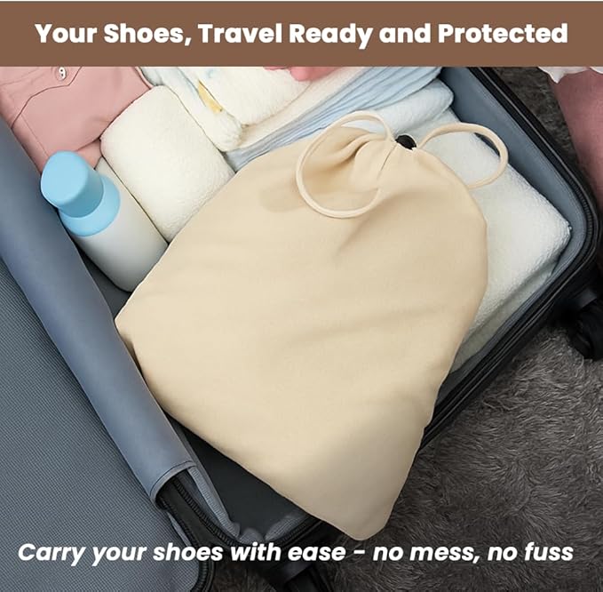 LFH Cotton Shoe Storage Bags with Drawstring, Dustproof Breathable Reusable Organizer, Perfect For Travel, Dorm, Hotel, College, Gym, Easy to Carry, Machine Washable 8"x17" (Pack of 4) - Natural