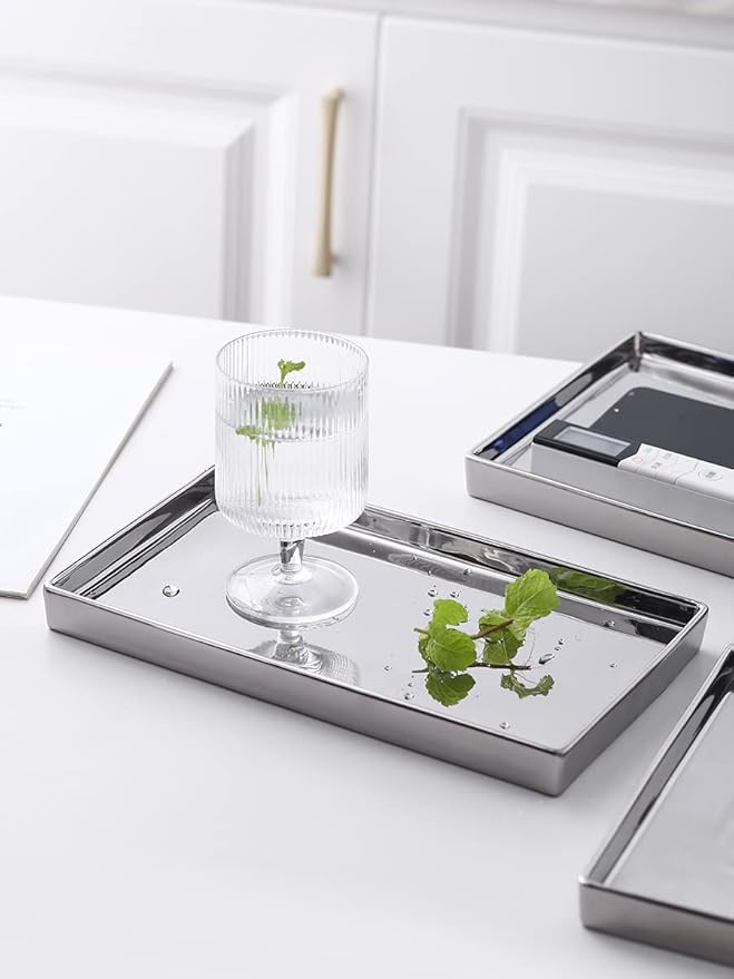 Jewelry Holder Ceramic Trinket Tray Rectangte Vanity Makeup Mirror Tray Silvery Small