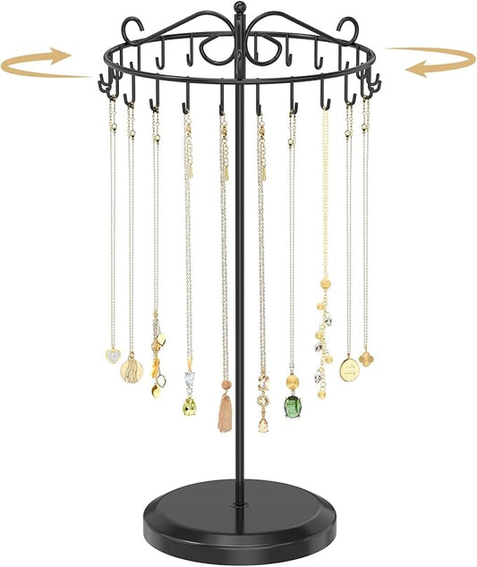 MODOWEY Rotating Necklace Holder Organizer Display Stand with 24 Hooks, Metal Spinning Tree for Long Necklace Hanger Selling, Tall Spinning Bracelet Storage Rack for Men Women Dresser, Black