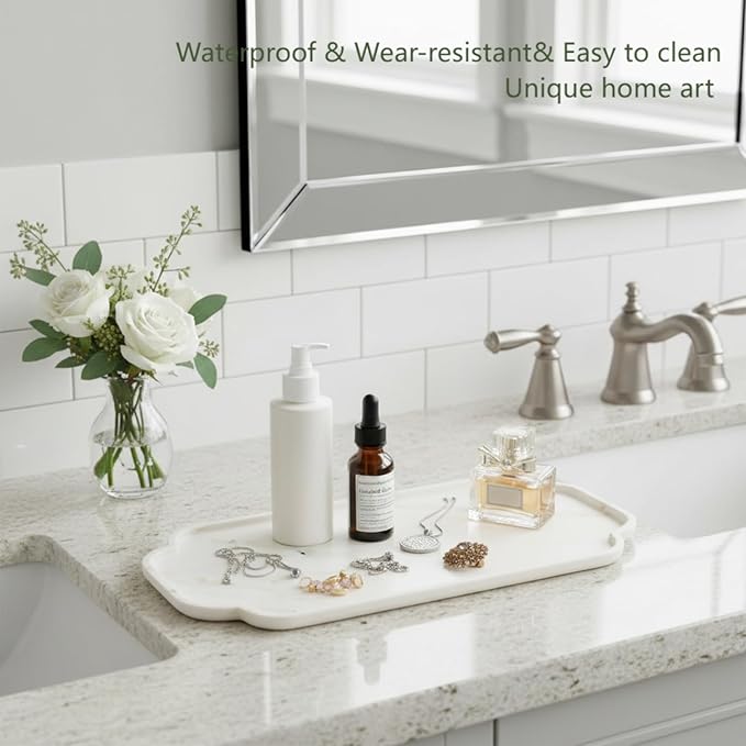 Marmor Real Natural Marble Bathroom Tray for Perfume, Candles, Jewelry Stone Vanity, Bathroom & Kitchen Counter Organizer and Home Decor (Calacatta Gold Marble Lace Long Plate)