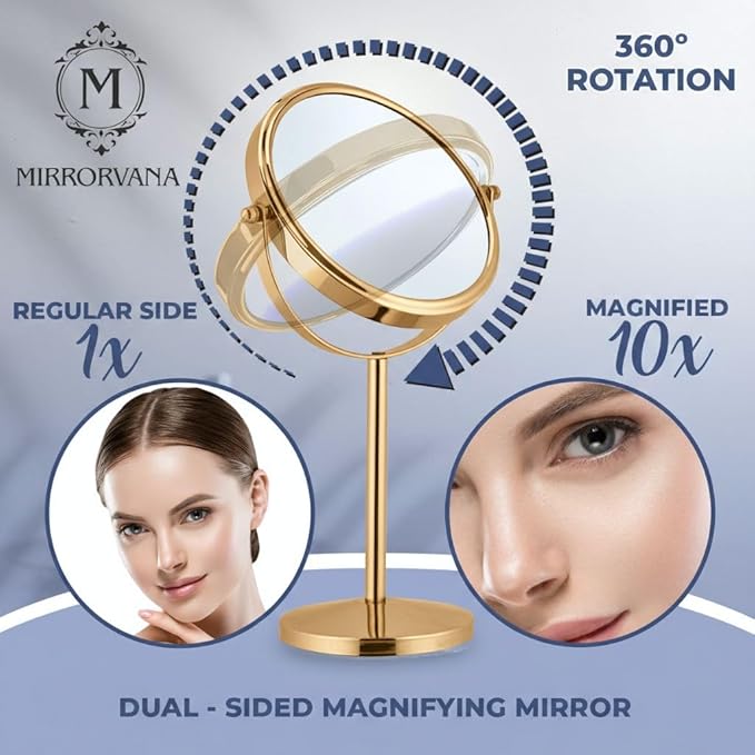 MIRRORVANA 10X Magnifying Makeup Mirror on Round Stand for Tabletop, Bedroom Vanity Desk and Bathroom Counter - Free Standing Double Sided 10X/1X Magnification Mirror - 7" Wide and 14" Tall (Gold)