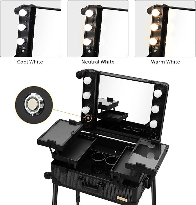 Aluminum Trolley Makeup Train Case with LED Lights Professional Cosmetic Organizer Studio with Speaker, Wheels and Stands Rolling Lighted Makeup Vanity Station for Travel (Black)