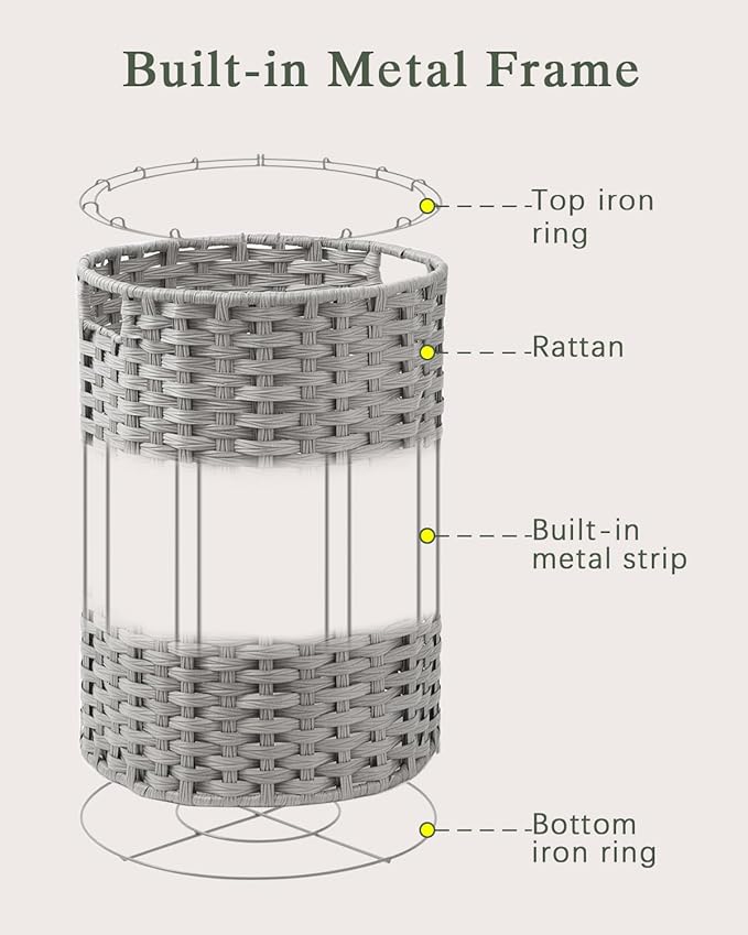 Laundry Hamper Laundry Basket Round 19.0 Gal (72 L) Handwoven Rattan Hamper, Large Wicker Laundry Hamper with Removable Laundry Bag Handles 2 Mesh Bags for Bathroom Living Room Gray (No Lid)
