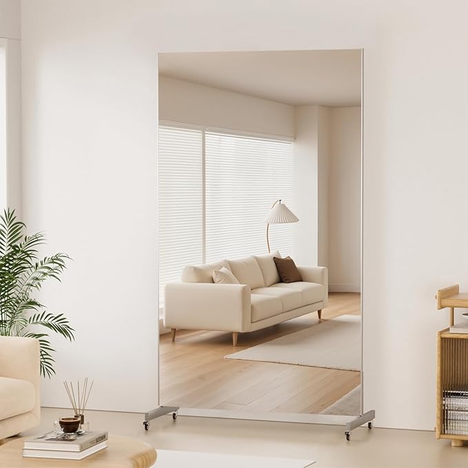 Standing Full Length Mirror on Wheels 71" x 32" Large Rolling Mirrors Smooth Moving Unbreakable Glassless Mirror for Home Gym Dance Studio Yoga, Silver