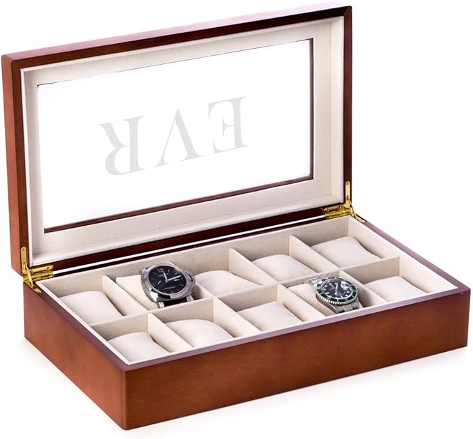 Bey-Berk Modena Personalized Cherry Wood 10-Slot Watch Box, Custom Glass-Top Solid Wood Display Case with Velour-Lined Watch Cushions, 14.75" x 8.5" x 3.5"