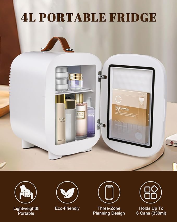 Mini Fridge for Bedroom, 4 Liter/6 Cans Skincare Small Refrigerator, AC/DC Portable Mini Cooler & Warmer, Small Fridge for Camping, Dorm, Office, Car (White)