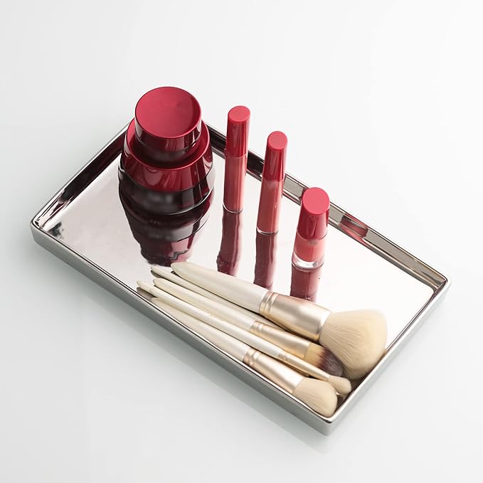 Ceramic Trinket Tray Rectangte Vanity Jewelry Organizer Makeup Mirror Tray Silvery Medium