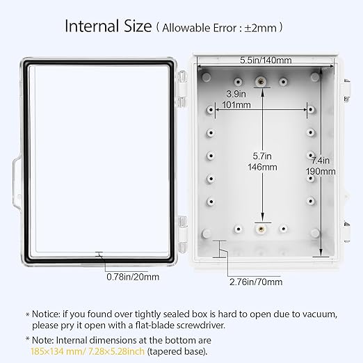 LeMotech Electrical Box, IP67 Waterproof Hinged Clear Cover Stainless Steel Latch Junction Box, ABS Plastic Electrical Enclosure with Mounting Plate,Wall Brackets, Cable Glands,8.2"x6.3"x3.9", Grey