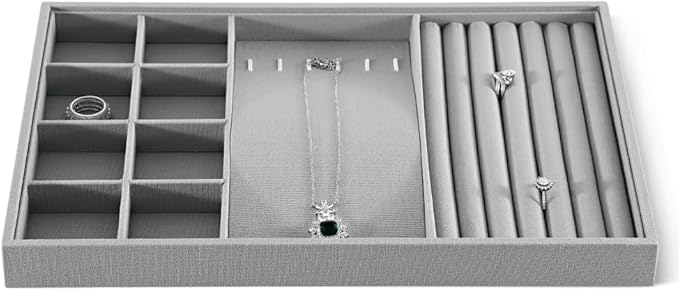 Linen Stackable Multifunctional jewelry Display Tray, Ring Earring Bracelet Necklace Storage Tray, Jewellery Shop Counter Showcase Table Top Organizers, Makeup Table Drawer Insert Jewelry Tray