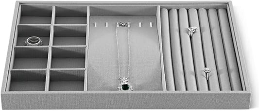 Linen Stackable Multifunctional jewelry Display Tray, Ring Earring Bracelet Necklace Storage Tray, Jewellery Shop Counter Showcase Table Top Organizers, Makeup Table Drawer Insert Jewelry Tray
