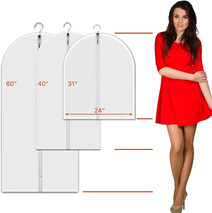 Dust Proof Clear Garment Bags 7 Piece Set - 40 Inch Translucent Suit Bags with Full-Length Zipper for Closet Clothes Storage and Travel | 4 Portable Travel Shoe Bags