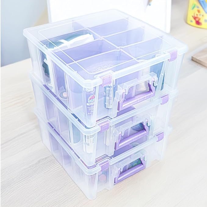 ArtBin Super Satchel Double Deep Compartment Box with Purple Accents in a 3 Pack - Art Storage with 8 Removable Compartments, Smart Closure for Craft Supplies (Purple - Pack of 3)