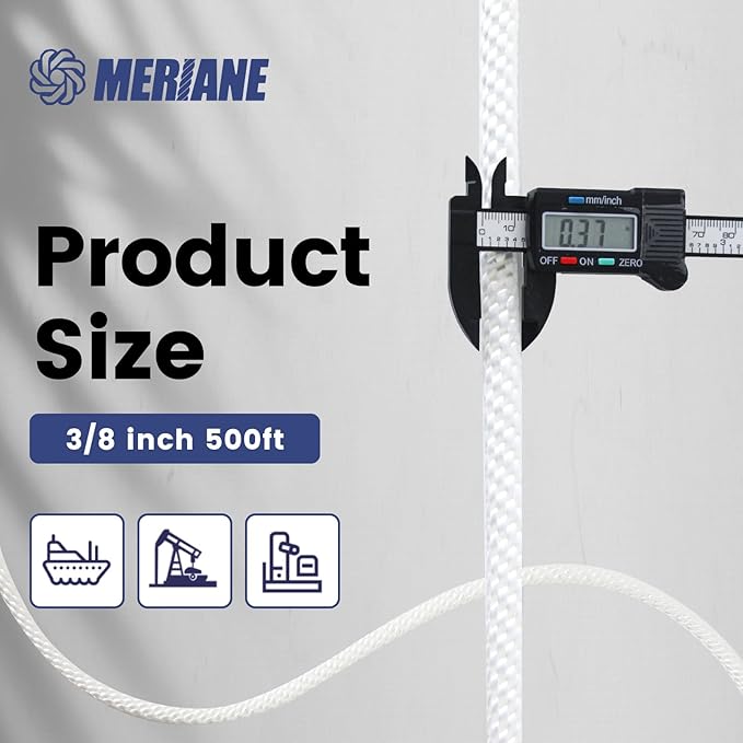 MERIANE Nylon Rope 500 Ft 3/8 Inch – Multipurpose Solid Braided Rope – Ideal Use for Camping, Clothesline, Marine, Flag Line – Abrasion & UV Resistant – Shock Absorption Rope for Indoor Outdoor