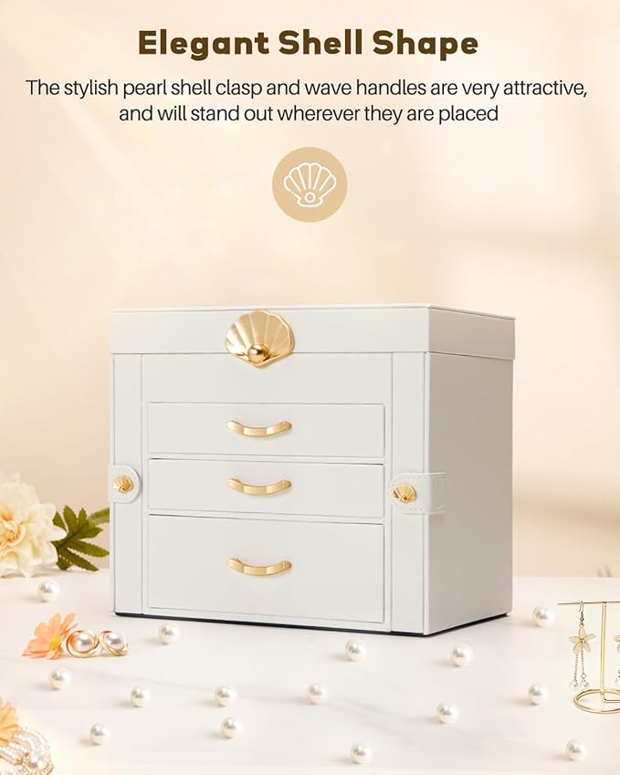 Jewelry Box with 3 Drawers: Display Organizer for Earrings Necklaces - Gift for Girls Women (White)