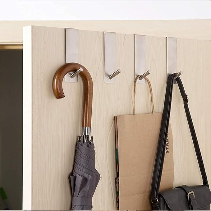 ARTOYS Over The Door Hooks (4 Pack) - Fits 1-3/8" Thin Doors - 304 Stainless Steel - 50Lbs Capacity - Tool-Free or Screw-in Mount