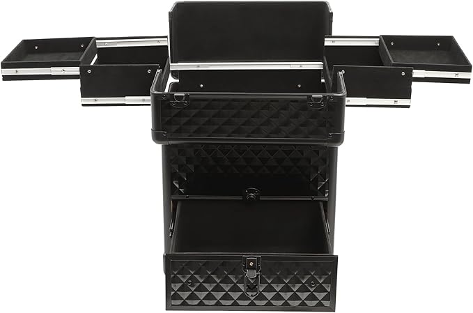 Professional Rolling Makeup Case Pro Makeup Artist Cosmetic Train Case Hairstylist Travel Case Portable Make Up Station with Lockable Drawer & 4 Swivel Wheels - Black