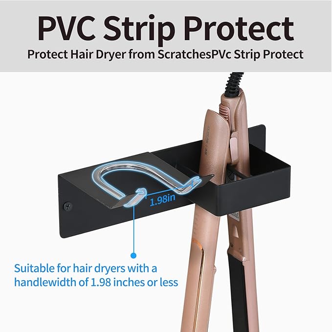 Hair Dryer Holder Wall Mounted, Stainless Steel Blow Dryer Holder for Bathroom, Hair Dryer and Straightener Holder Adhesive or Drilling, Hair Tool Organizer for Salon Barber Shops Black BANJEKT