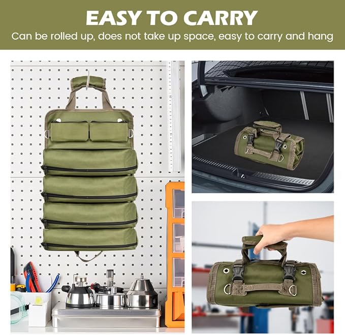 Roll-Up Tool Bag Heavy-Duty Waterproof - 4 Compartments & 2 Detachable Pouches | Compact Tool Organizer for Mechanics, RV & Motorcycle Storage, Handyman & Electricians (Green, Large)