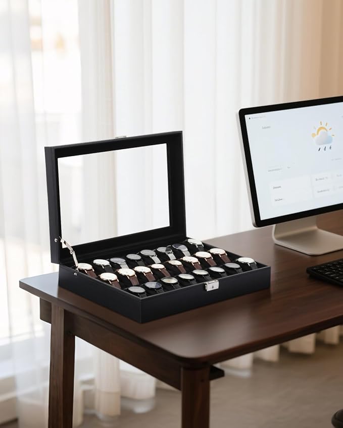 Uten 24-Slot Watch Box, PU Leather Watch Case with Glass Lid, Watch Holder Organizer with Soft Pillow and Velvet Lining, Watch and Jewelry Storage Box