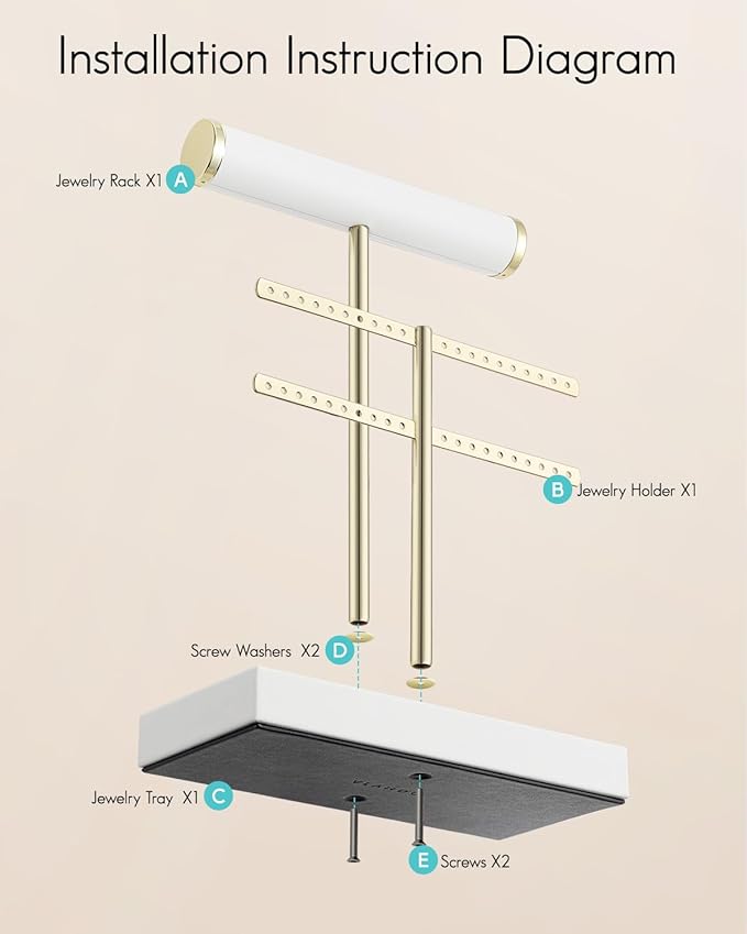 Vlando 2 Tier Necklace Holder Organizer with Tray, Leather Bracelet Holder Display for Women, Gold Jewelry Holder Stand for Bracelet, Necklace, Earrings, Rings - White