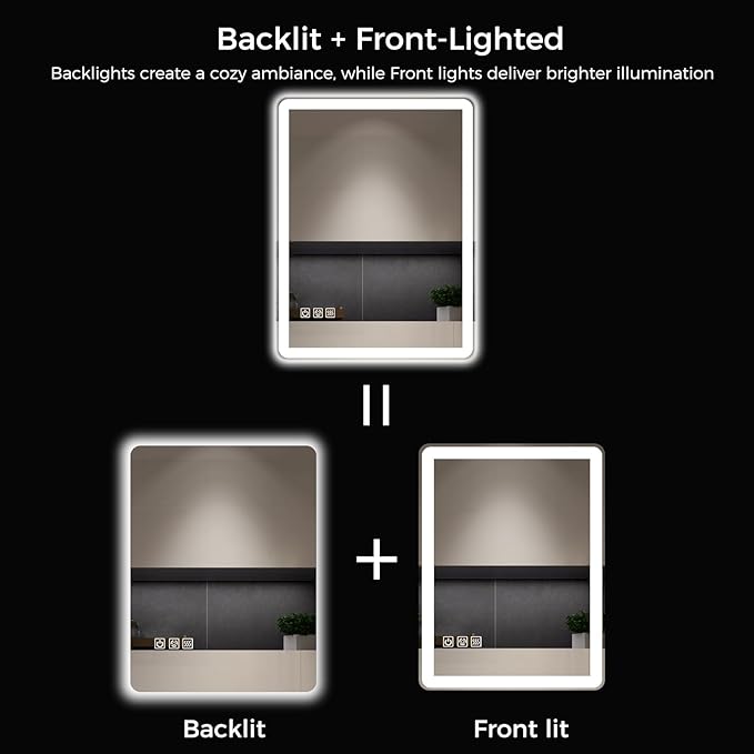 24"x32" LED Bathroom Vanity Mirror with Lights, Anti-Fog, Dimmable, Lighted Bathroom Mirror for Wall, Rounded-Corner, Memory Function, 5mm Shatter-Proof Tempered Glass, Backlit & Front Lit