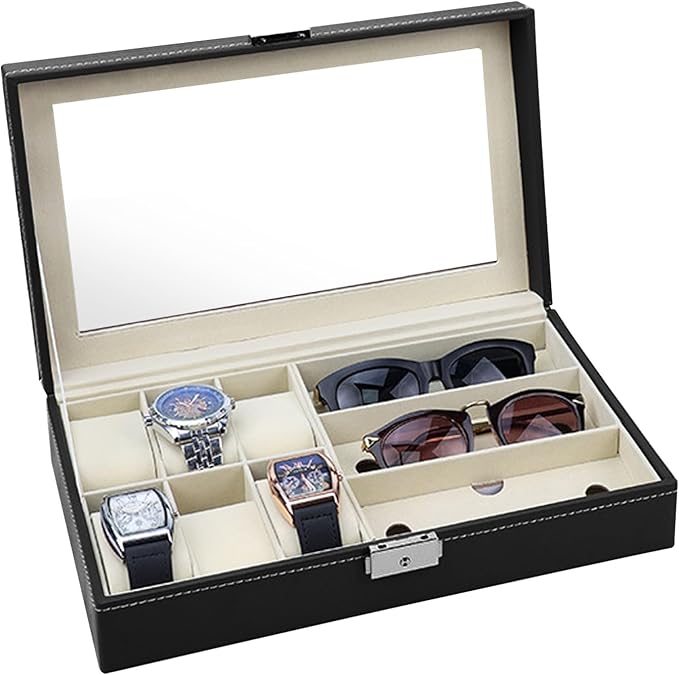 Travel Watch Case, Leather Sunglasses Eyewear Storage Organizer Glasses Holder, Jewelry Box for Watch Band Sunglasses Display