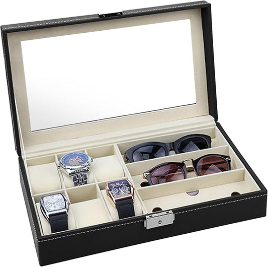 Travel Watch Case, Leather Sunglasses Eyewear Storage Organizer Glasses Holder, Jewelry Box for Watch Band Sunglasses Display