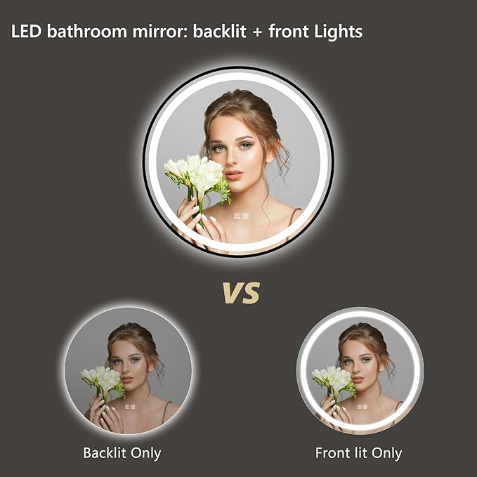 APRILSOUL 36 Inch Round Aluminum Framed LED Bathroom Mirror with Lights, Makeup Mirror with Front and Backlit, Anti-Fog, 3 Colors and Dimmable Light