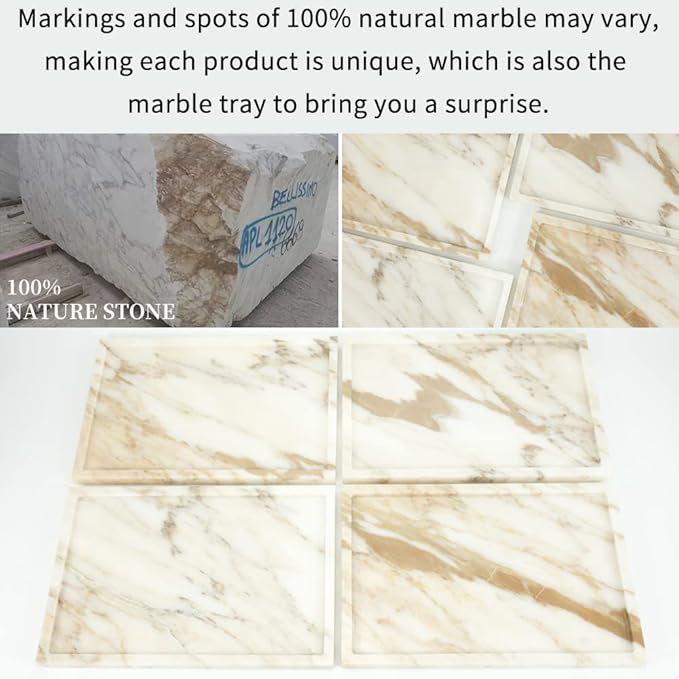 100% Natural Marble Serving Tray Luxury Marble Storage Tray for Home Decor Stone Tray for Bathroom/Kitchen/Vanity/Dresser,Plate Holder for Tissues, Candles, Towel