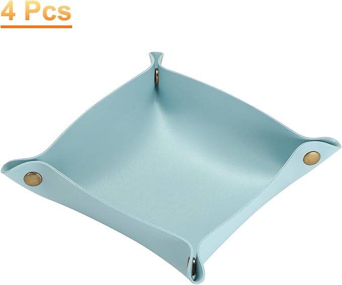 HARFINGTON 4pcs PU Leather Valet Tray Unisex Folding Small Catchall Tray Portable Entryway Table Tray Nightstand Bedside Desk Tray for Key Wallet Watch Coin Jewelry Dice, Light Blue